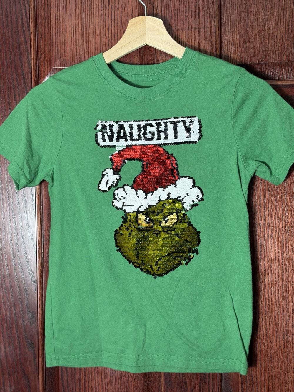 Dr Seuss The Grinch Reversible Sequin Shirt Kids M Naughty Nice Christmas Tee